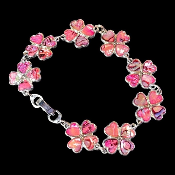 Vintage Silver and Pink Abalone 4 Leaf Clover Bracelet - Ladder Clasp - Picture 2 of 5